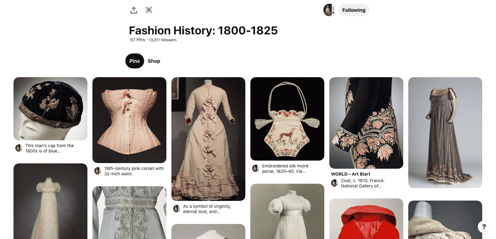 Example of a Fashion History Pinterest board from the Museum at FIT.