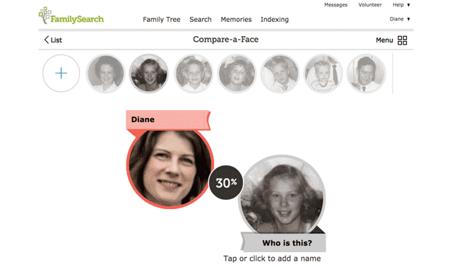 FamilySearch compare-a-face feature