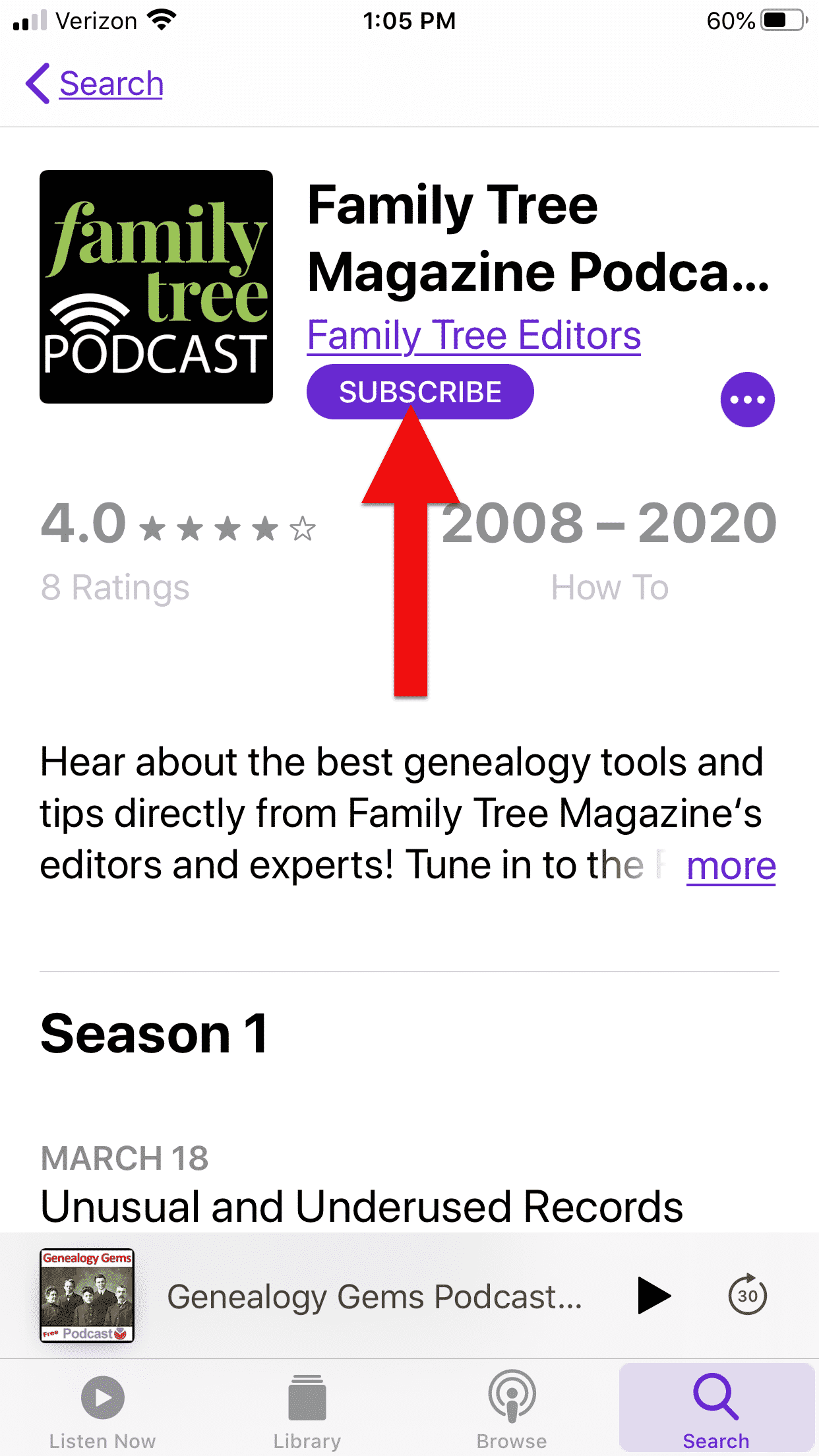 Screenshot of Apple podcast app with red arrow pointing to Subscribe button for Family Tree Magazine podcast.