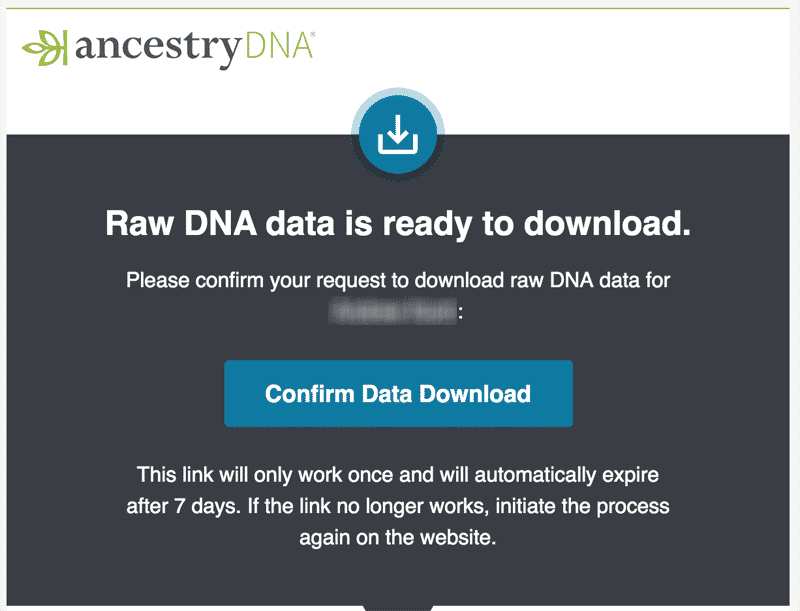 Confirmation screen for downloading raw AncestryDNA data
