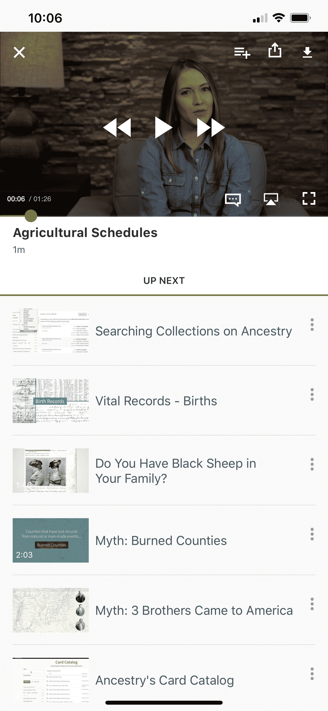 iPhone screenshot of Ancestry Academy playlist