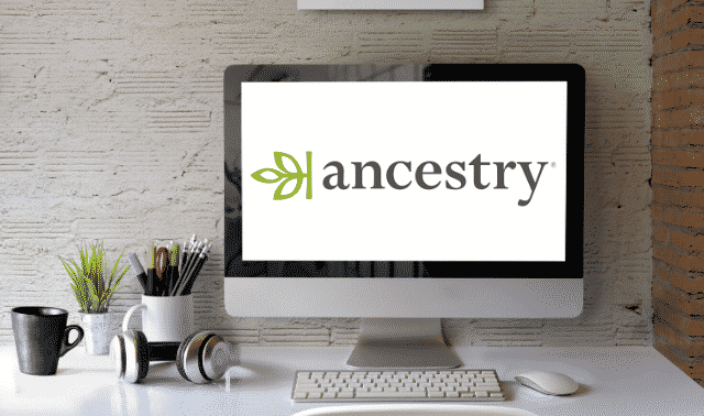 Ancestry.com logo on a desktop screen.