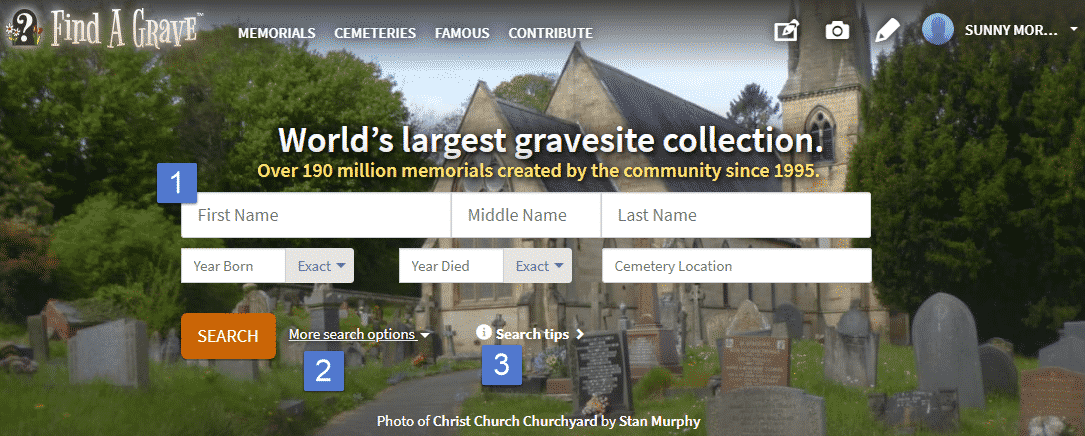 Screenshot of Find a Grave homepage.