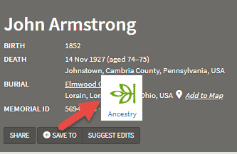 Screenshot from Find a Grave showing how to link memorial to Ancestry.