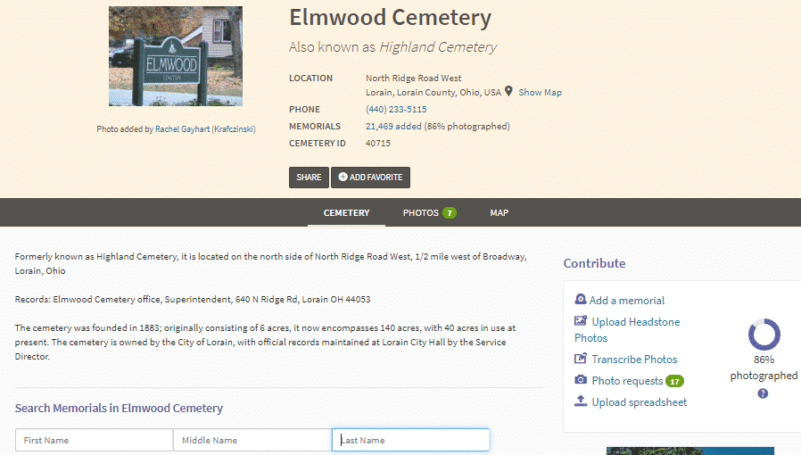A screenshot from Find a Grave showing a landing page for a burial ground.