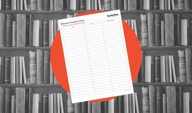 A genealogy form for listing books to check for ancestors' names.