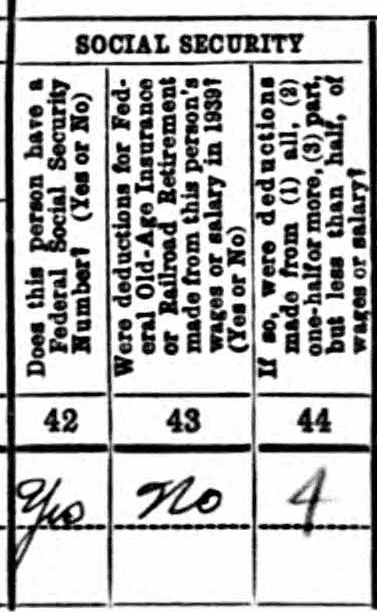 1940 census entry for John J. Felix shows questions 42 through 44, which were related to Social Security