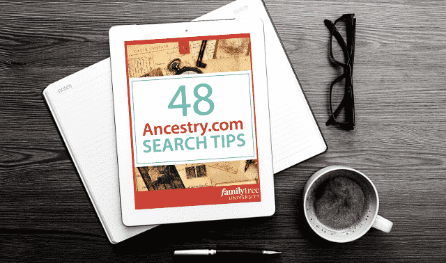 An iPad laying on top of an open book, showing the Ancestry Search Tips ebook.