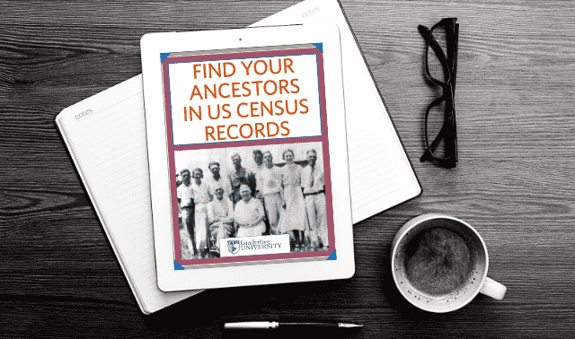 An iPad laying on top of an open book, showing the Find Your Ancestors in the US Census ebook.