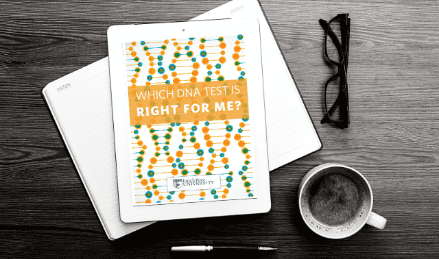 An iPad laying on top of an open book, showing the Which DNA Test is Right for Me? ebook.