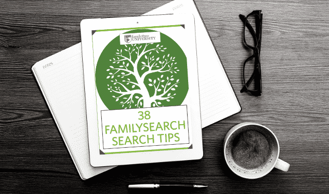 An iPad laying on top of an open book, showing the FamilySearch Search Tips ebook.