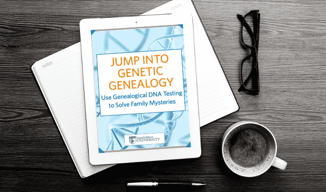 An iPad laying on top of an open book, showing the Jump Into Genetic Genealogy ebook.