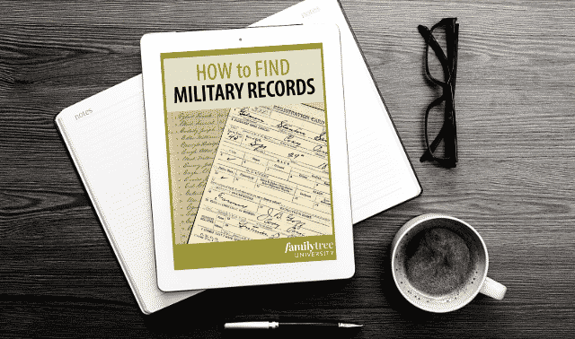 An iPad laying on top of an open book, showing the How to Find Your Ancestor's Military Records ebook.