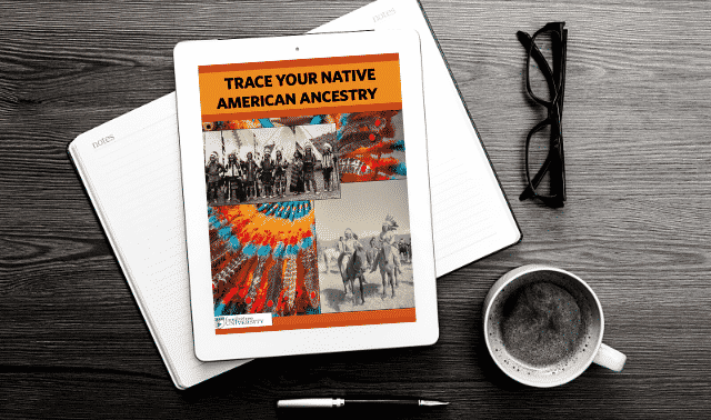 An iPad laying on top of an open book, showing the Trace Your Native American Ancestry ebook.