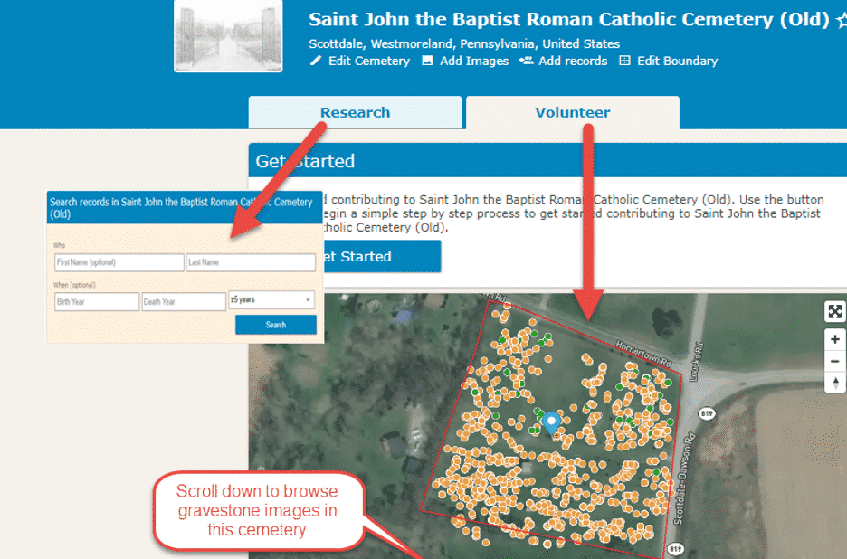 A satellite view of a cemetery from BillionGraves.com.