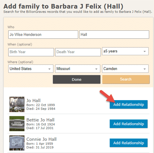 Screenshot of how to add a family member to BillionGraves.com.