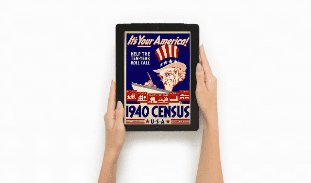 1940 census poster on a tablet
