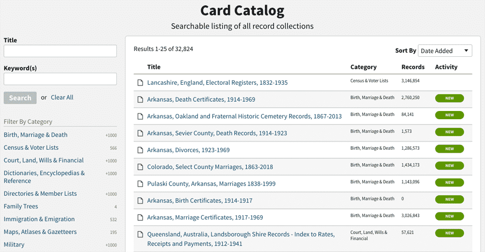 Use Ancestry.com's Card Catalog to learn what digital genealogy records the site has