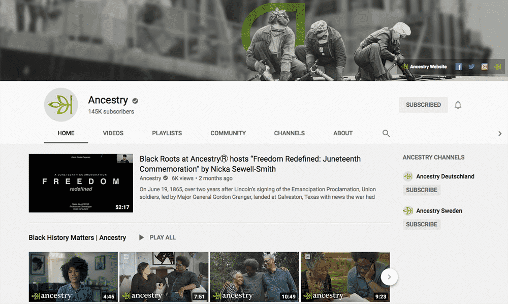 Screenshot of Ancestry.com's YouTube page