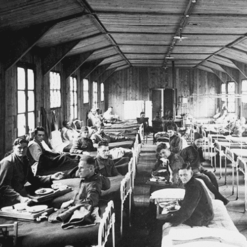 Old photo of people sick with influenza.