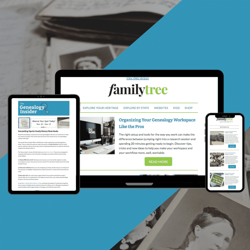 Tablet, laptop, and mobile phone displaying Family Tree newsletters.