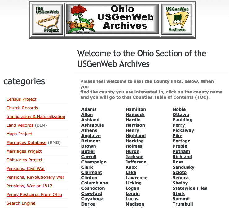 The USGenWeb Archives Project has separate pages for each state; the Ohio Section of the USGenWeb Archives Project is separate from the OHGenWeb landing page, and has different resources