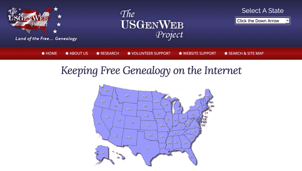 USGenWeb home page, including a clickable map of the United States
