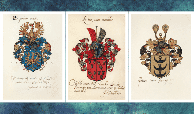 Three examples of coat of arms on a blue background