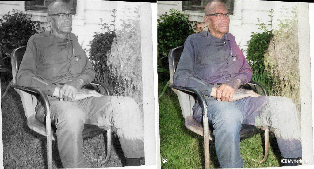 A comparison of a black-and-white image of Christopher Bryant's great-grandfather sits in a chair before and after MyHeritage's tools were applied