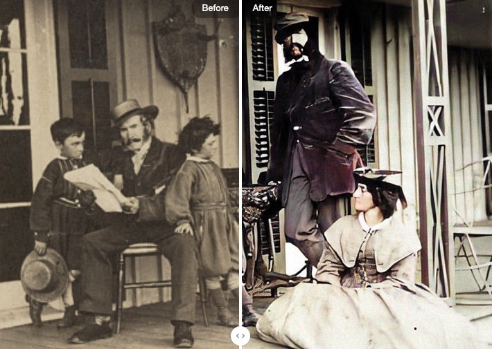 19th-century photo of family sitting on a porch; half the photo has been enhanced and colorized using MyHeritage's tools, while the other half has not. 