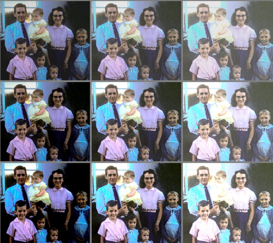 The same photo repeated nine times over in a grid, each with different levels of color saturation and correction