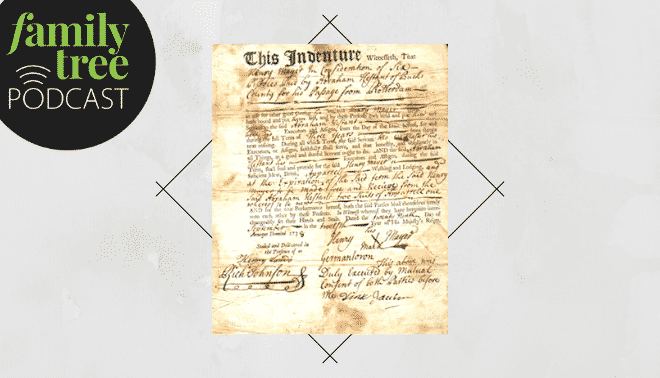 Indentured servant contract on a grey background with the Family Tree Podcast logo.