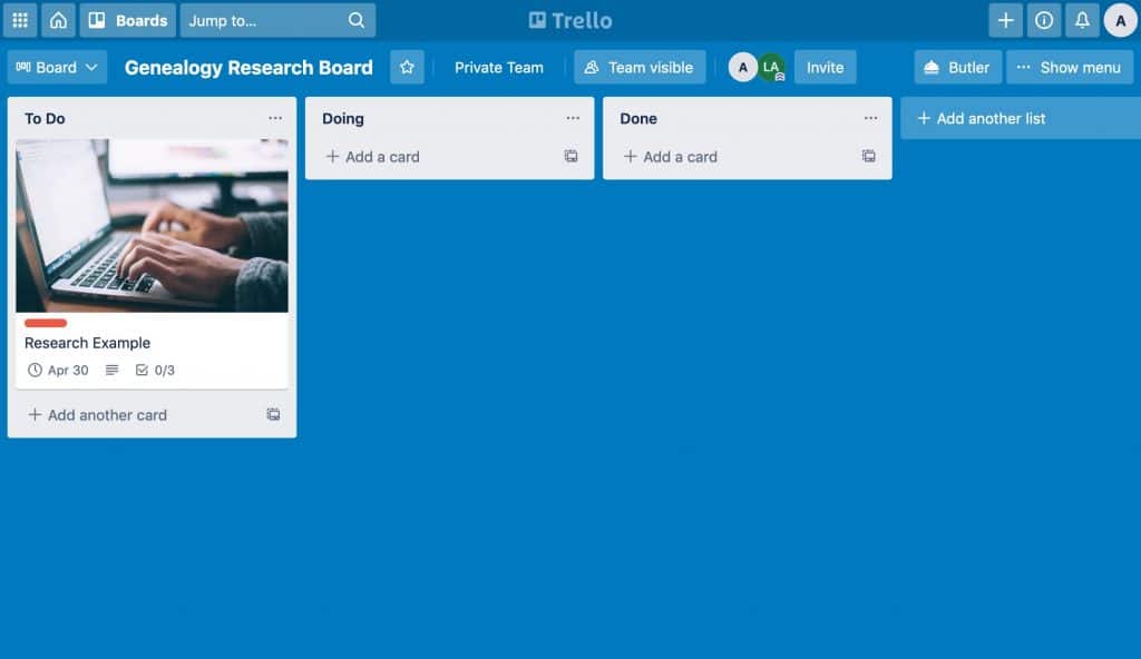Sample Trello board created by the author, with columns labeled To Do, Doing, and Done. The To Do column has an item ("card") called Research Example.