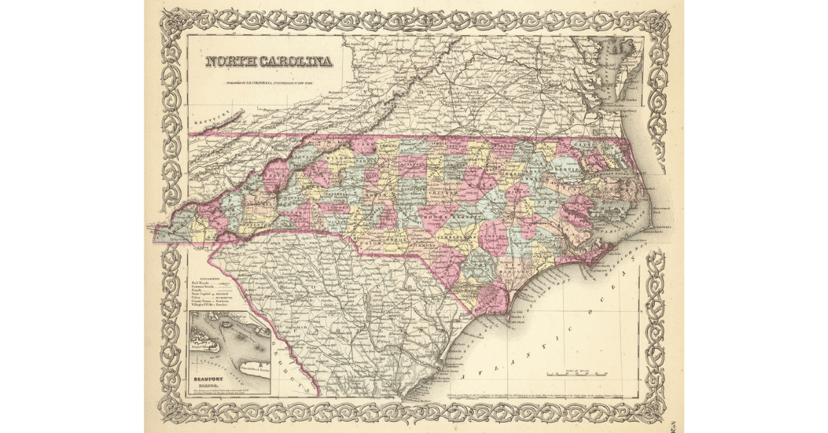 Historic map of North Carolina with counties useful for genealogists