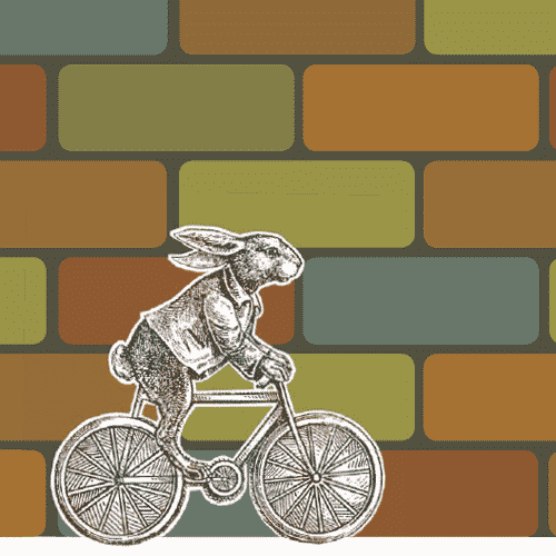 Peter Rabbit riding a bicycle past a brick wall.