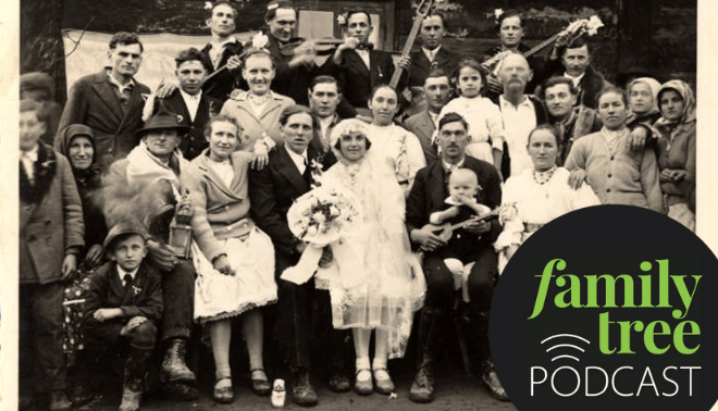 Vintage photo of a wedding party with the Family Tree Podcast logo.