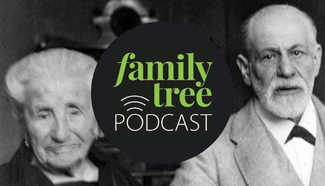 Sigmund Freud and his mother overlaid with Family Tree Podcast logo.