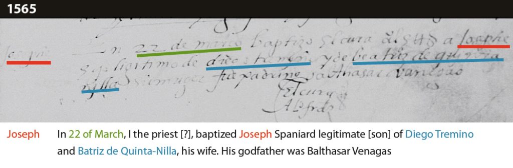 Baptism record with translation that reads: "In 22 of March, I the priest [?], baptized Joseph Spaniard legitimate [son] of Diego Tremino and Batriz de Quinta-Nilla, his wife. His godfather was Balthasar Venagas"