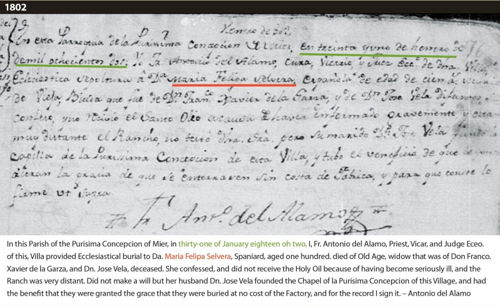 Death record with translation that reads: "In this Parish of the Purisima Concepcion of Mier, in thirty-one of January eighteen oh two, I, Fr. Antonio del Alamo, Priest, Vicar, and Judge Eceo. of this, Villa provided Ecclesiastical burial to Da. Maria Felipa Selvera, Spaniard, aged one hundred. died of Old Age, widow that was of Don Franco. Xavier de la Garza, and Dn. Jose Vela, deceased. She confessed, and did not receive the Holy Oil because of having become seriously ill, and the Ranch was very distant. Did not make a will but her husband Dn. Jose Vela founded the Chapel of la Purisima Concepcion of this Village, and had the benefit that they were granted the grace that they were buried at no cost of the Factory, and for the record I sign it. – Antonio del Alamo"