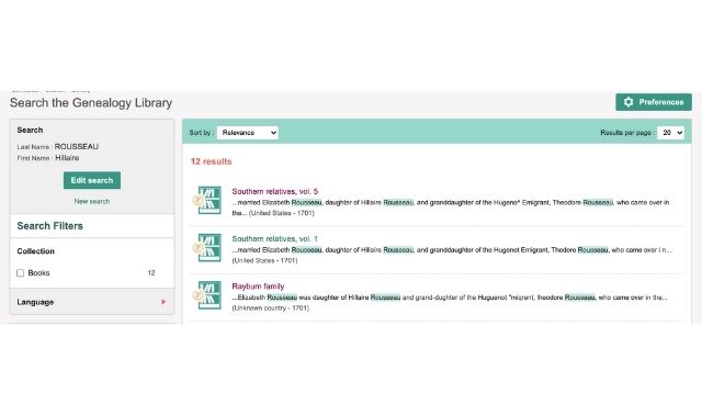 Search results from Geneanet's genealogy library