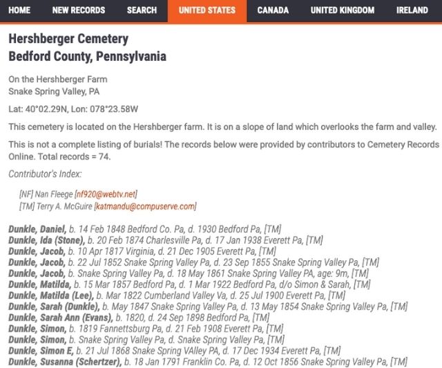 Page for Hershberger Cemetery, including location information, coordinates, and a list of 74 burials in the cemetery