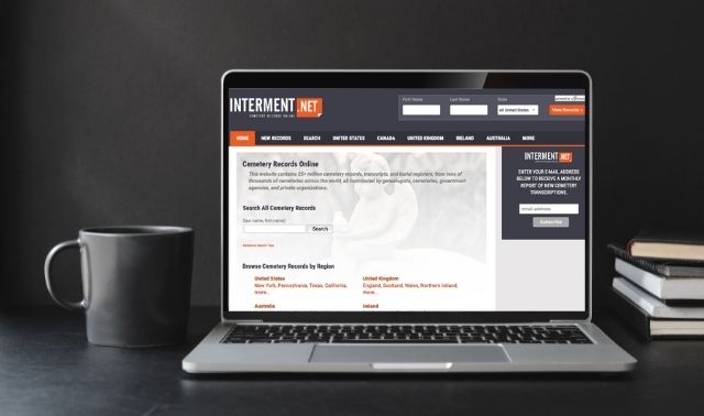 Interment.net displayed on a laptop computer.