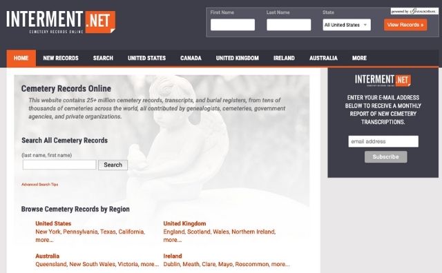 The home page for Interment.net includes a short search form, plus tabs for browsing online cemetery records by country