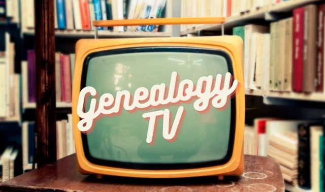 Vintage TV in a library with the words "Genealogy TV" overlaid.