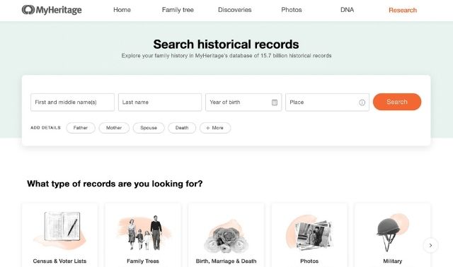 Screengrab of MyHeritage Research landing page, with a form for searching records and tabs for searching specific kinds of records