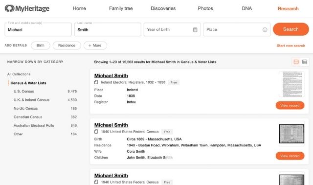 Screengrab of results page for MyHeritage search for Michael Smith. Results include multiple matching records, each with a record image