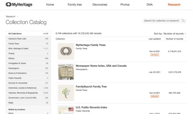 Screengrab of MyHeritage's Collection Catalog page, which lists all the site's record collections