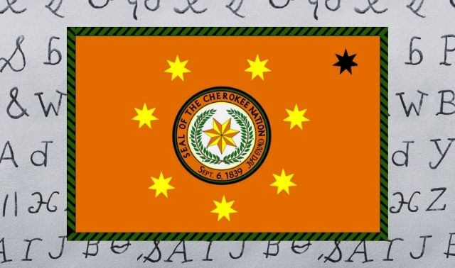 Cherokee Nation flag with Cherokee alphabet images in the background