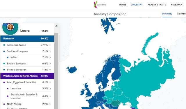 Screengrab of DNA ethnicity results from 23andMe, with ethnicities and percentages on the left and a map displaying the corresponding geographical regions on right