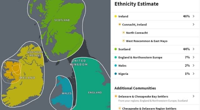 Screengrab of DNA ethnicity results from AncestryDNA, with ethnicities and percentages on the right and a map displaying the corresponding geographical regions on left